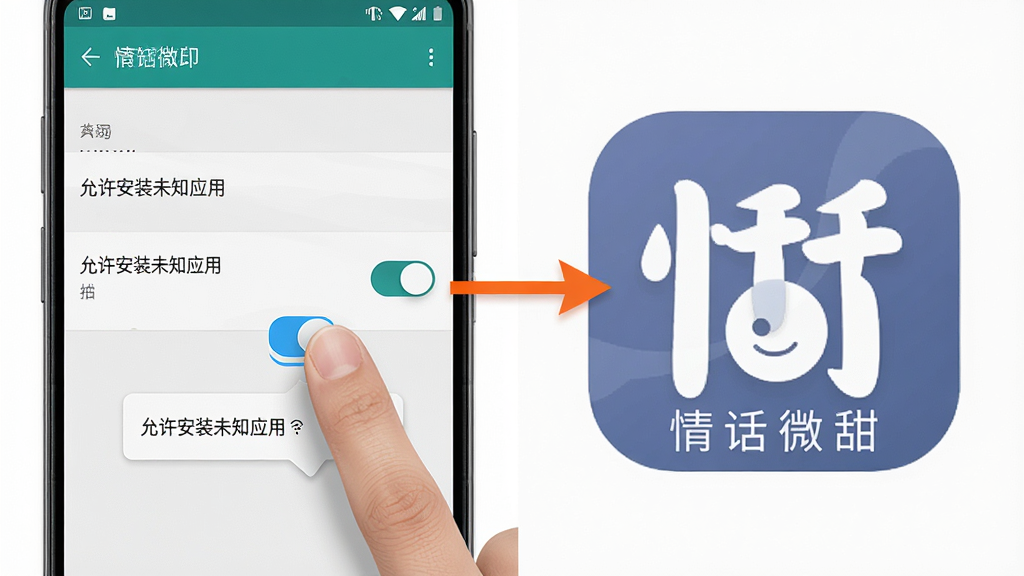 一张手机操作示意图,画面展示安卓手机设置界面中“允许安装未知应用”的开关被手指点击,旁边有箭头指向“情话微甜”安装包图标,布局为左右分栏,左侧是设置界面截图风格,右侧是安装包图标特写,风格写实扁平混合,细节包括手指、开关按钮、提示气泡,画质清晰,干净,无多余元素