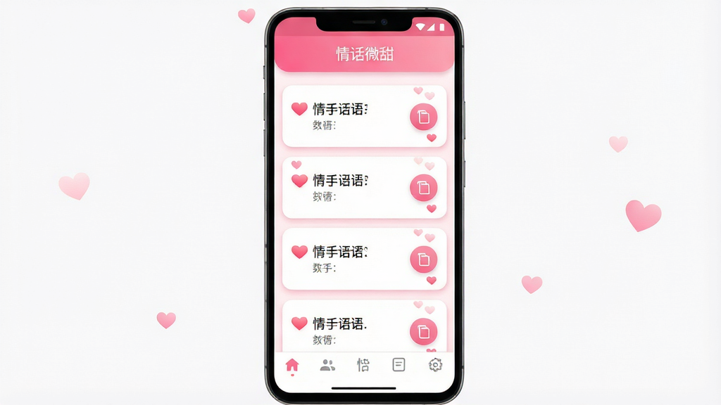 一张手机应用界面展示图,画面中央是一部竖屏安卓手机,屏幕上显示“情话微甜”应用主界面,顶部有粉色渐变标题栏,中间是卡片式情话语录列表,每张卡片带爱心图标和复制按钮,底部有分类导航栏,整体配色以粉白为主,风格清新甜美,布局简洁对称,细节包括圆角卡片、柔和阴影、小爱心装饰,画质高清,干净,无多余元素