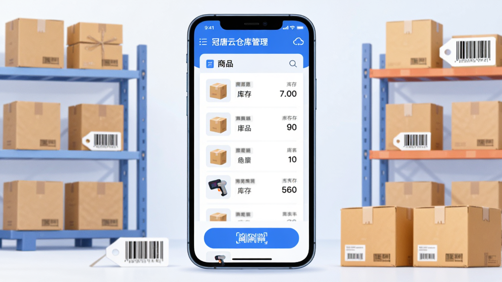 画面主体为一部智能手机,屏幕中展示仓库管理软件界面,包含商品列表、库存数字与扫码按钮,手机周围环绕整齐排列的纸箱、货架与条码标签,布局采用居中构图,手机位于画面中央,左右两侧分别放置货架与打包好的包裹,整体风格为清爽的扁平化科技插画,细节包括蓝色调界面、清晰的图标与柔和阴影,画质清晰干净,无多余元素,画面中可出现文字“冠唐云仓库管理”