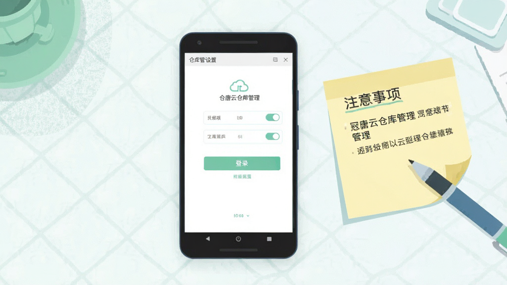 画面主体为一部安卓手机屏幕显示仓库管理软件的权限设置页面与登录界面,旁边放置一张写有注意事项的便签纸与一支笔,布局采用俯视桌面构图,手机位于画面中心偏左,便签位于右侧,风格为清新扁平插画,细节包括清晰的权限开关图标、柔和的绿色与蓝色调、整洁的桌面纹理,画质清晰干净,无多余元素,画面中可出现文字“冠唐云仓库管理”