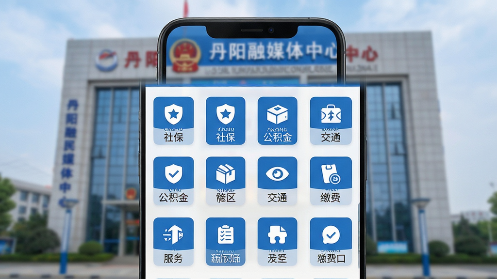 我的丹阳便民服务页面展示,手机屏幕内呈现政务办事图标矩阵,包含社保、公积金、交通、缴费等服务入口,界面配色以蓝色和白色为主,布局网格化排列整齐,背景为丹阳融媒体中心大楼外观虚化,风格简洁商务,细节清晰,画质高清,干净无多余元素