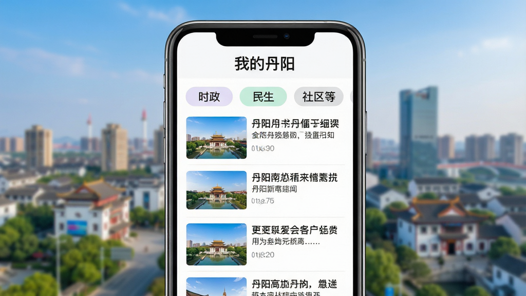 我的丹阳新闻资讯页面展示,画面主体为手机屏幕内呈现丹阳本地新闻列表,包含时政、民生、社区等分类标签,每条新闻配有缩略图和标题,屏幕上方有“我的丹阳”字样,背景为丹阳城市风光虚化效果,风格为明亮清新的UI界面展示,布局整齐,细节丰富,画质高清,干净无多余元素