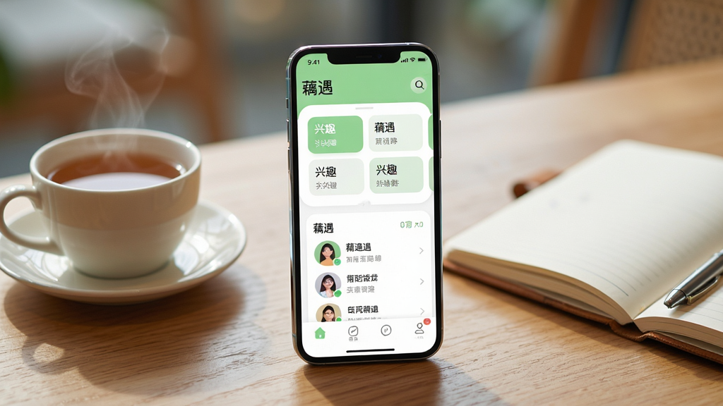画面主体为一部智能手机,屏幕中显示藕遇应用的主界面,界面采用浅绿色与白色搭配的清新风格,包含兴趣标签卡片和用户头像列表;手机放置在木质桌面上,旁边有一杯热茶和一本打开的笔记本;整体布局为居中构图,背景虚化柔和;排版上应用界面文字清晰可见,顶部显示“藕遇”字样;风格为现代简约数码产品展示风;细节上手机边缘有轻微反光,桌面纹理自然;画质为4K高清,干净无多余元素