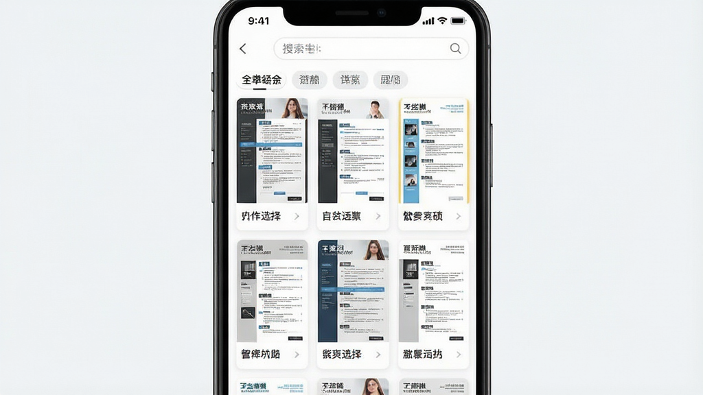 一张简历牛应用内的模板选择界面截图风格图片,画面主体为手机屏幕展示多款简历模板缩略图,布局为网格状排列,每张缩略图下方标注模板名称,排版整齐,风格简洁现代,配色清爽,细节包括分类标签和搜索框,画质高清干净,无杂乱元素