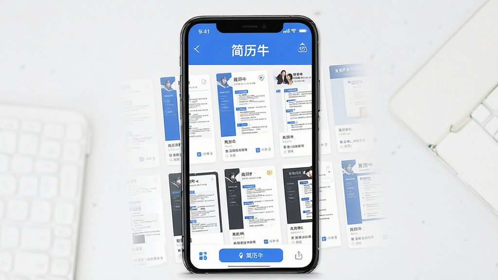 一张展示手机屏幕的图片,屏幕中央显示简历牛应用界面,标题文字为