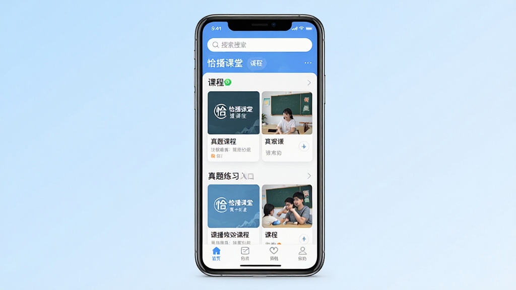 一张展示恰播课堂手机应用界面的预览图,画面主体为一部竖屏智能手机,屏幕中显示恰播课堂的课程列表与真题练习入口,布局为手机居中放置,背景为浅蓝色渐变,风格为清爽现代的教育类App展示风格,细节包括顶部搜索栏、课程卡片缩略图与底部导航栏,画质清晰,画面干净,无多余元素