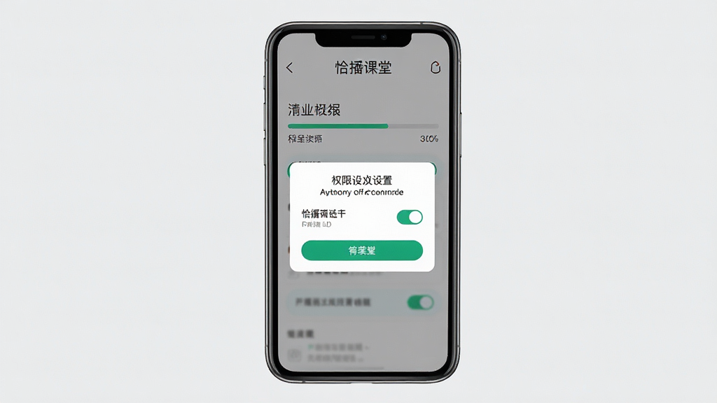 一张展示恰播课堂在手机上安装与权限设置的示意图,画面主体为手机屏幕中显示安装进度条与权限授权弹窗,布局为手机居中,背景为浅灰色,风格为简洁的步骤演示风格,细节包括安装按钮、权限开关与提示文字,画质清晰,画面干净