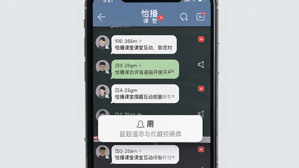 一张展示恰播课堂课堂互动与消息提醒功能的界面图,画面主体为手机屏幕中显示讨论区消息气泡与通知提醒卡片,布局为手机正面展示,背景为浅灰色,风格为扁平化UI设计展示风格,细节包括消息列表、未读红点与提醒图标,画质清晰,画面干净,无多余装饰元素