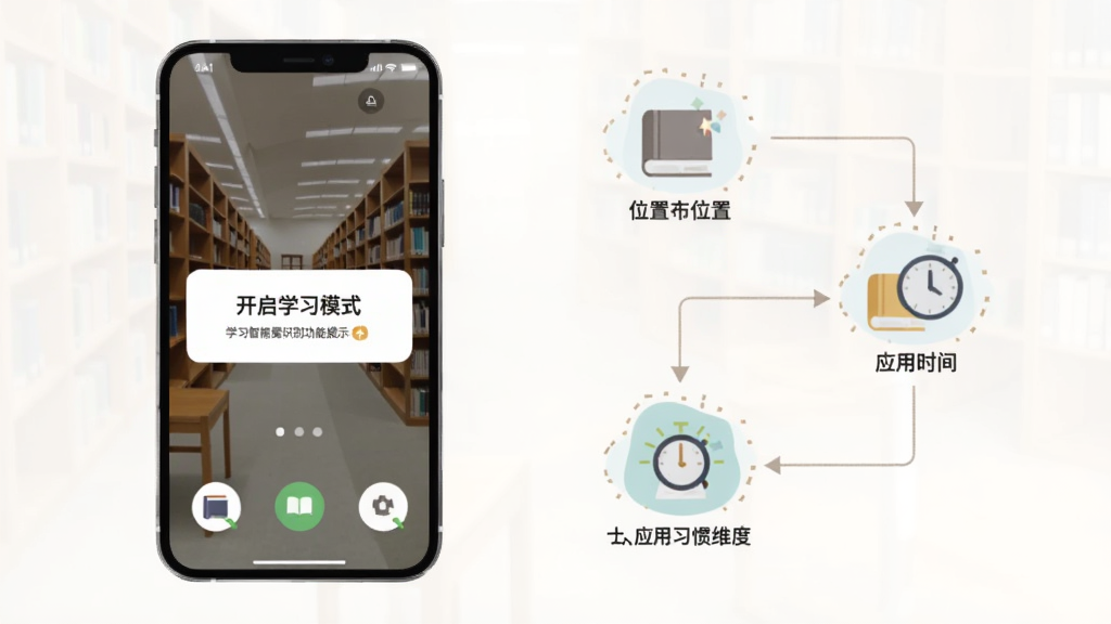 学习模式智能场景识别功能展示图,画面左侧为手机屏幕显示自动识别到图书馆场景并弹出开启学习模式提示,右侧为简洁的流程图展示位置、时间、应用习惯三个识别维度,整体采用扁平化插画风格,色彩柔和,画质清晰,干净无多余元素