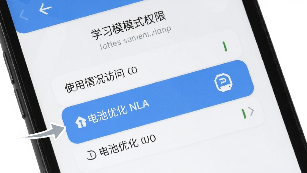 学习模式新手设置引导示意图,画面展示手机屏幕上学习模式的权限设置页面,包含使用情况访问和电池优化两个高亮选项,旁边有简洁的箭头指示操作步骤,整体风格清晰直观,画质干净,无多余元素