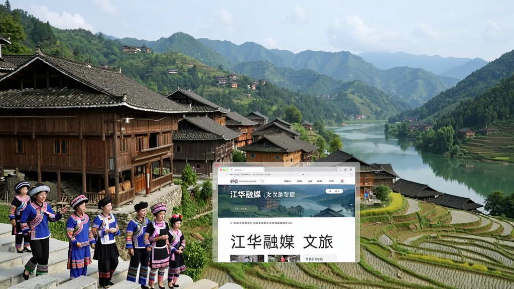��������կ�羰��������չʾ��ͳ���彨��������������ε�Ⱥ�ڣ�Զ��Ϊ��ɽ��ˮ��������