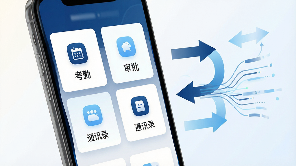 一张展示政企航一站式办公门户概念的AI生图,画面主体为一部手机屏幕,屏幕上以卡片式布局排列着考勤、审批、通知、通讯录、报表等多个功能模块图标,图标风格统一为扁平化商务风,配色以深蓝、浅蓝和白色为主。手机右侧漂浮着抽象的流程箭头和数据流线条,象征信息高效流转。背景为干净的浅色渐变,整体布局清晰有序,风格专业简洁,画质高清,干净无多余元素