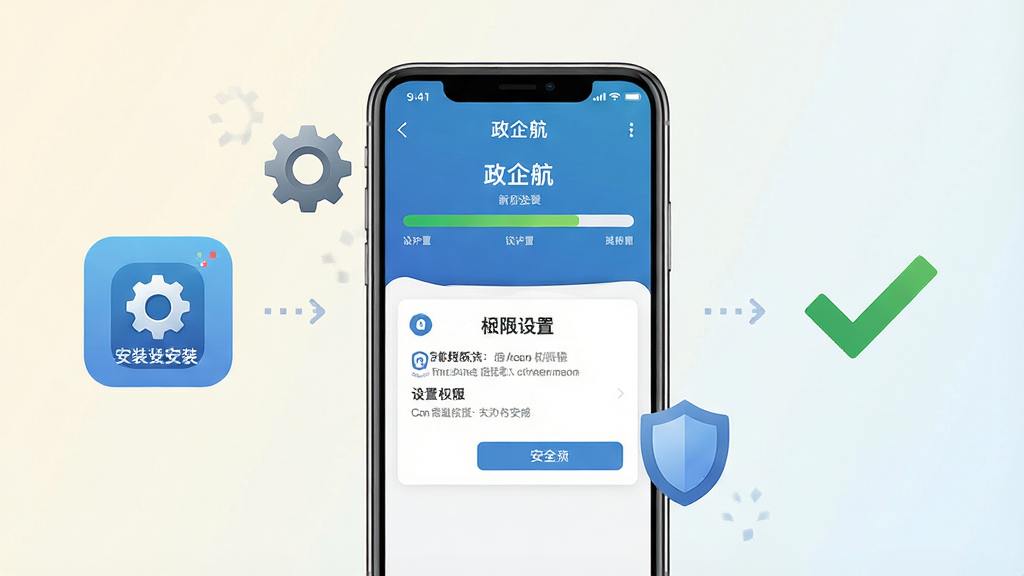 一张展示手机应用安装与设置流程的AI生图,画面主体为一部手机,屏幕上显示政企航的安装进度条和权限设置界面,手机旁边有齿轮图标和盾牌图标,象征设置与安全。画面采用分步式布局,左侧为安装包图标,中间为手机屏幕,右侧为设置完成的对勾标记。背景为浅色渐变,风格简洁教程风,细节清晰,画质干净,无多余元素