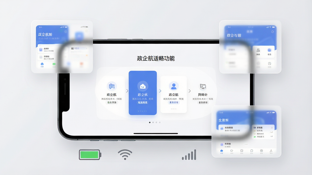 一张展示移动端适配与流畅体验的AI生图,画面中央是一部横向放置的智能手机,屏幕上显示政企航的功能切换动画效果,手机周围有多个半透明的界面卡片悬浮,展示不同功能页面的缩略图。手机下方有电池和信号图标,象征续航与网络适配。背景为干净的浅灰色,整体布局错落有致,风格现代科技感,画质高清,干净无多余元素