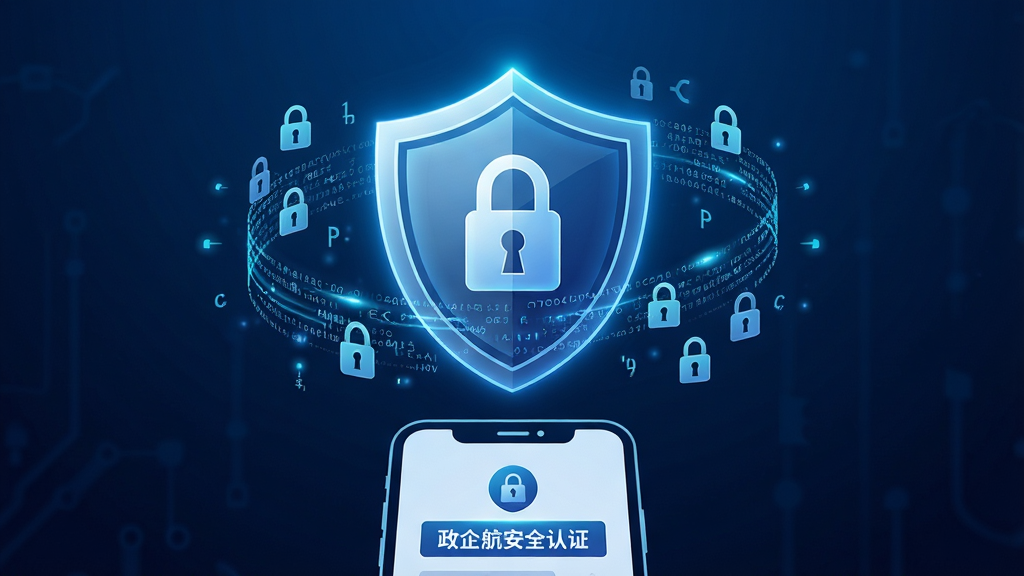 一张表现数据安全防护概念的AI生图,画面中央是一个发光的盾牌图标,盾牌内部有锁形图案,盾牌周围环绕着数据流线条和加密字符符号。盾牌下方是一部手机轮廓,手机屏幕显示政企航的安全认证界面。背景为深蓝色科技感渐变,整体布局居中,风格稳重专业,细节精致,画质清晰,干净无多余元素