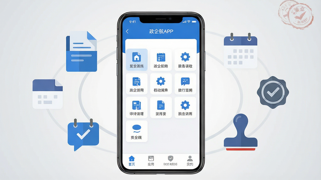 一张展示政企航移动应用主界面的场景图,画面中央是一部竖屏智能手机,手机屏幕上显示政企航APP的首页界面,包含顶部标题栏、功能图标网格和底部导航栏,界面风格简洁商务,以蓝色和白色为主色调。手机周围环绕着抽象的办公元素图标,如文件、日历、消息气泡、审批印章等,以扁平化风格呈现。背景为浅灰色渐变,整体布局居中对称,风格现代商务,细节清晰,画质干净,无多余元素,适合作为软件介绍配图