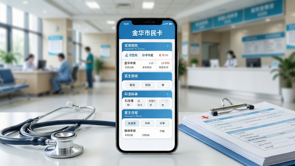 一幅展示医疗健康服务的AI生图,画面主体为一部手机显示“金华市民卡”预约挂号界面,界面中包含医院列表、科室选择、医生排班等信息,布局采用卡片式纵向排列,风格为清新医疗蓝配色,细节上手机旁放置听诊器与病历本,背景为医院门诊大厅虚化场景,画质高清,干净整洁,无多余元素