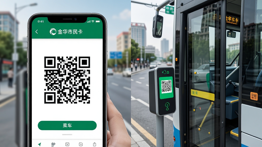 一幅展示公交扫码乘车功能的AI生图,画面主体为一部手机屏幕显示“金华市民卡”乘车二维码,手机靠近公交车载扫码设备,布局采用左右对比构图,左侧为手机特写,右侧为公交车门场景,风格为写实科技风,细节上二维码界面清晰可见,背景有金华城市街道元素,画质高清,干净整洁,无多余元素