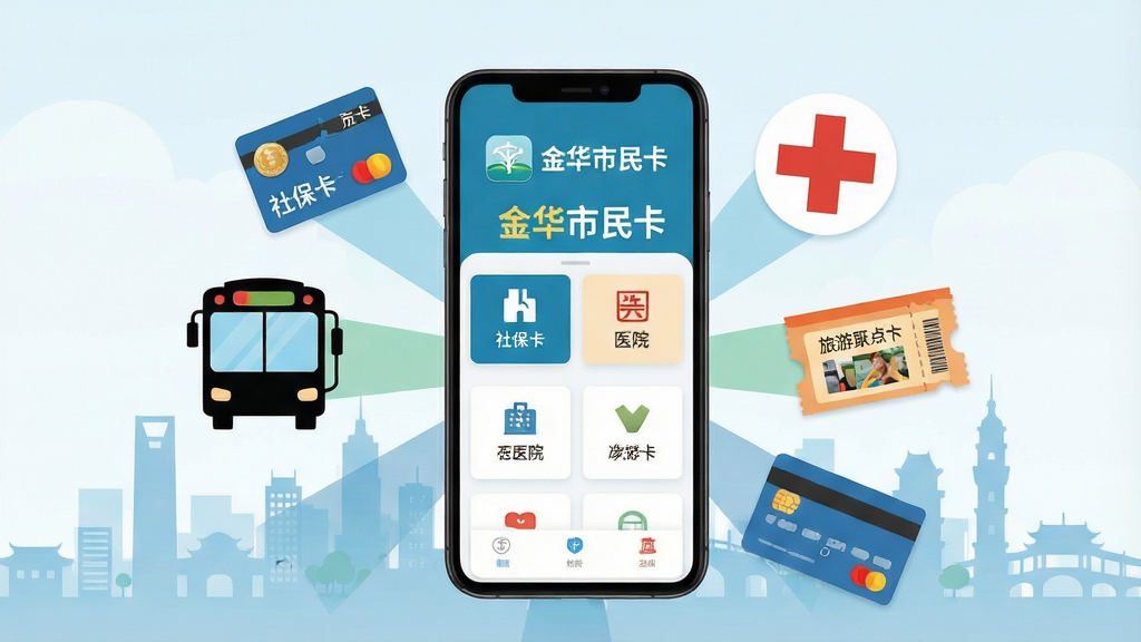 一幅展示金华市民卡APP核心功能的场景插画,画面中央是一部智能手机,屏幕上方醒目地显示“金华市民卡”字样及APP图标,手机周围环绕着社保卡、公交车、医院十字标志、旅游景点门票、银行卡等元素,布局采用中心放射状构图,排版清晰有序,风格为现代扁平化插画,细节上手机屏幕内展示功能卡片列表,背景为金华城市剪影,画质高清,干净整洁,无多余元素
