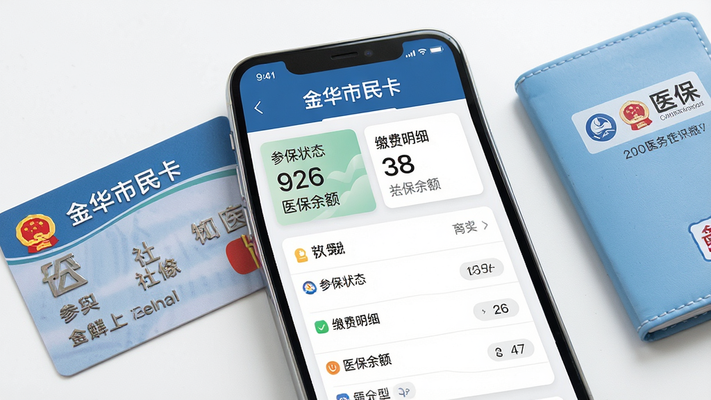 一幅描绘社保服务功能的AI生图,画面主体为一部手机显示“金华市民卡”社保查询界面,界面中包含参保状态、缴费明细、医保余额等信息卡片,布局采用上下分层排版,上方为标题栏,下方为数据列表,风格为清爽扁平化UI风格,细节上手机旁放置一张实体社保卡和医保本,画质高清,干净整洁,无多余元素