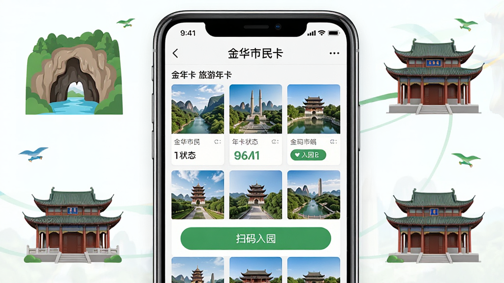 一幅展示旅游年卡功能的AI生图,画面主体为一部手机显示“金华市民卡”旅游年卡界面,界面中包含景点缩略图、年卡状态、扫码入园按钮,布局采用网格化景点展示排版,风格为明快旅游风,细节上手机周围环绕金华特色景点微缩图标,如双龙洞、古建筑等,画质高清,干净整洁,无多余元素