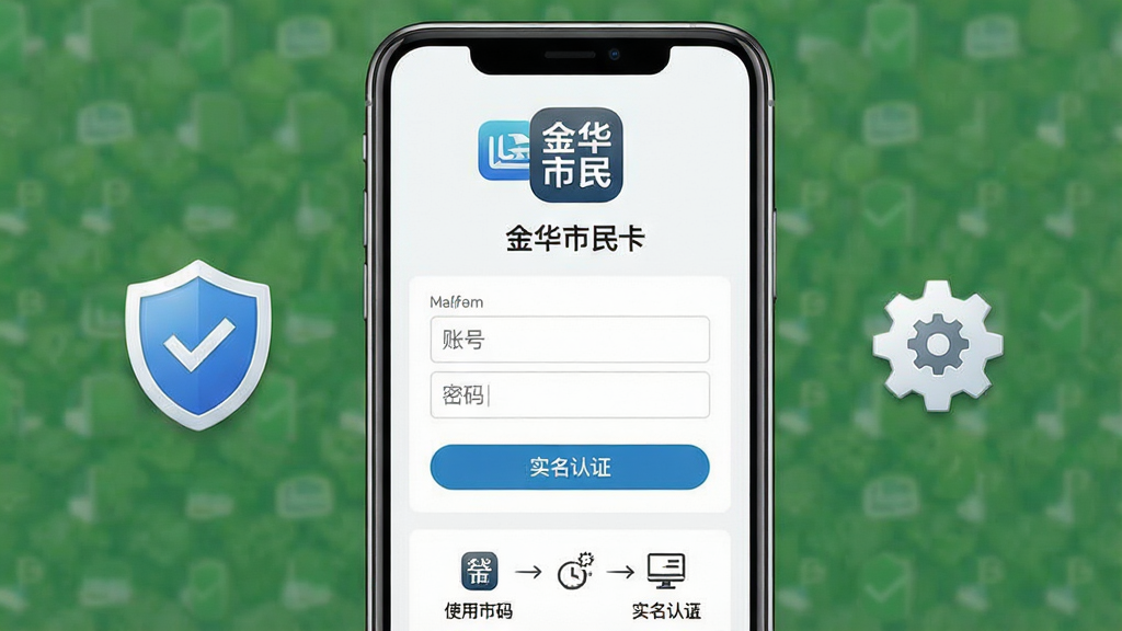 一幅展示手机APP安装与使用指南的AI生图,画面主体为一部手机显示“金华市民卡”登录界面,界面中包含账号密码输入框与实名认证按钮,布局采用上下结构排版,上方为APP图标与名称,下方为操作步骤示意,风格为简洁教程风,细节上手机旁放置盾牌安全图标与齿轮设置图标,画质高清,干净整洁,无多余元素