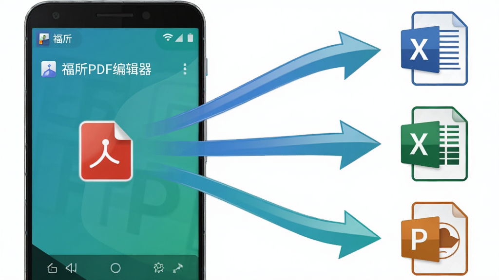 画面主体是一部安卓手机,屏幕显示格式转换界面,PDF图标向Word、Excel、PPT图标方向延伸出箭头;布局为手机居中偏左,右侧为三个格式图标纵向排列;排版上形成从左到右的流程感;风格为简洁矢量信息图风格,蓝绿配色;细节上屏幕内可见“福昕PDF编辑器”文字,转换箭头带有光泽质感;画质高清,干净,无多余元素