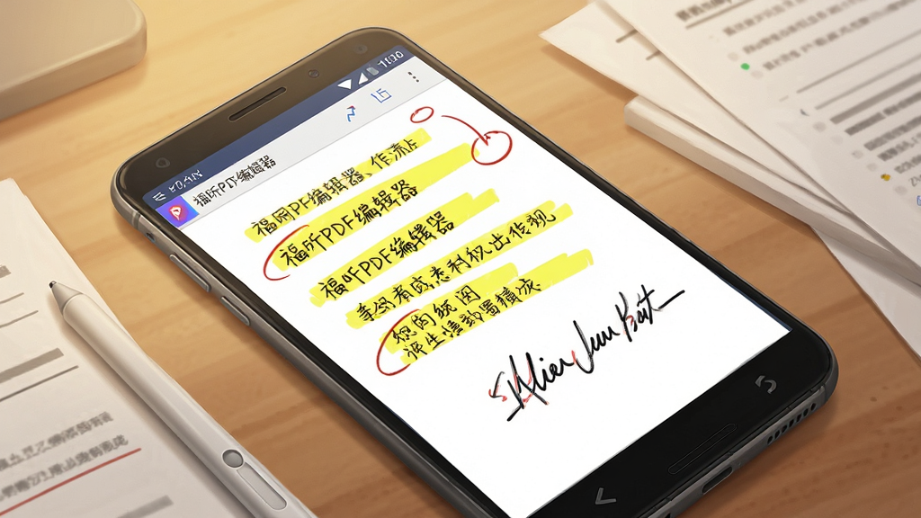 画面主体是一部横放的安卓手机,屏幕上是一份带手写批注的PDF文档,页面上有黄色高亮条、红色圈注和手写签名;布局为手机平铺于桌面,旁边散落触控笔与纸质文件;排版上手机屏幕占据视觉中心,批注元素放大突出;风格为写实办公场景插画,暖色调光线;细节上屏幕内可见“福昕PDF编辑器”字样,高亮与手写笔迹质感真实;画质高清,干净,无多余元素
