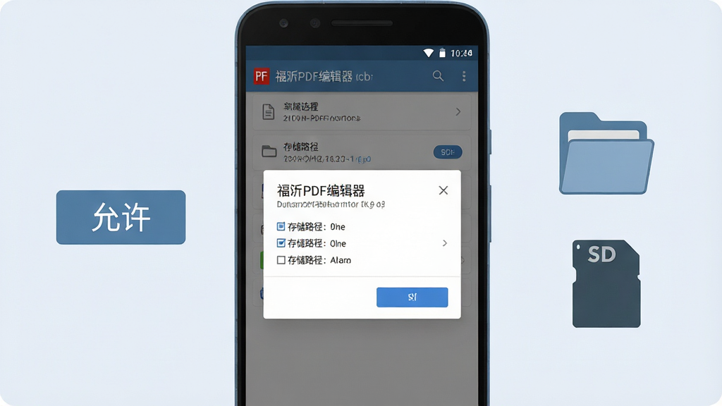 画面主体是一部安卓手机,屏幕上显示福昕PDF编辑器的权限设置弹窗与存储路径选择界面;布局为手机居中,左侧漂浮“允许”按钮图标,右侧漂浮文件夹与SD卡图标;排版上手机为主体,两侧图标对称分布;风格为扁平化UI示意插画,浅蓝灰配色;细节上屏幕内可见“福昕PDF编辑器”文字与权限选项,图标线条简洁;画质高清,干净,无多余元素