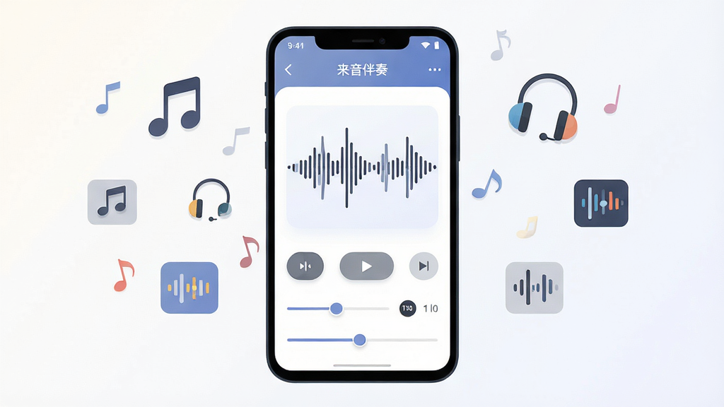 画面主体为一部竖屏安卓手机,屏幕中央显示音频波形与“来音伴奏”软件界面,布局采用居中构图,手机两侧漂浮音符、耳机与音轨图标,排版清爽留白充足,风格为现代扁平化科技插画,细节包含分离按钮、音调滑块与进度条,画质高清干净,背景浅色渐变,无多余元素