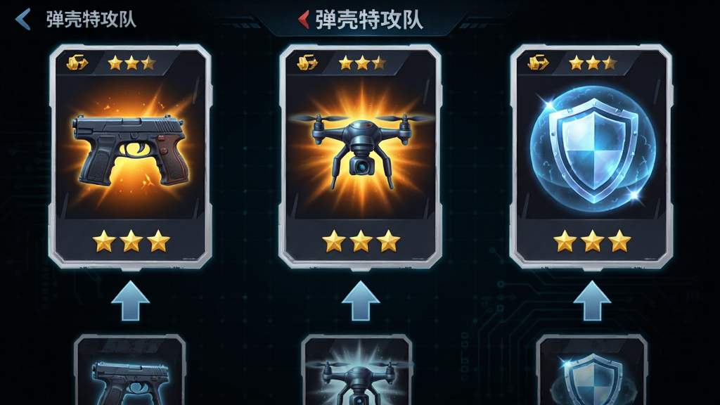 画面主体为三张技能卡片悬浮在空中,分别绘制手枪、无人机与力场护盾图标,布局采用横向三等分排列,卡片下方有升级箭头指向进化形态,排版清晰展示技能选择界面,风格为游戏UI界面插画,细节包括卡片光效、等级星星、背景为深色科技网格,画质高清、干净、无多余元素,画面中可出现