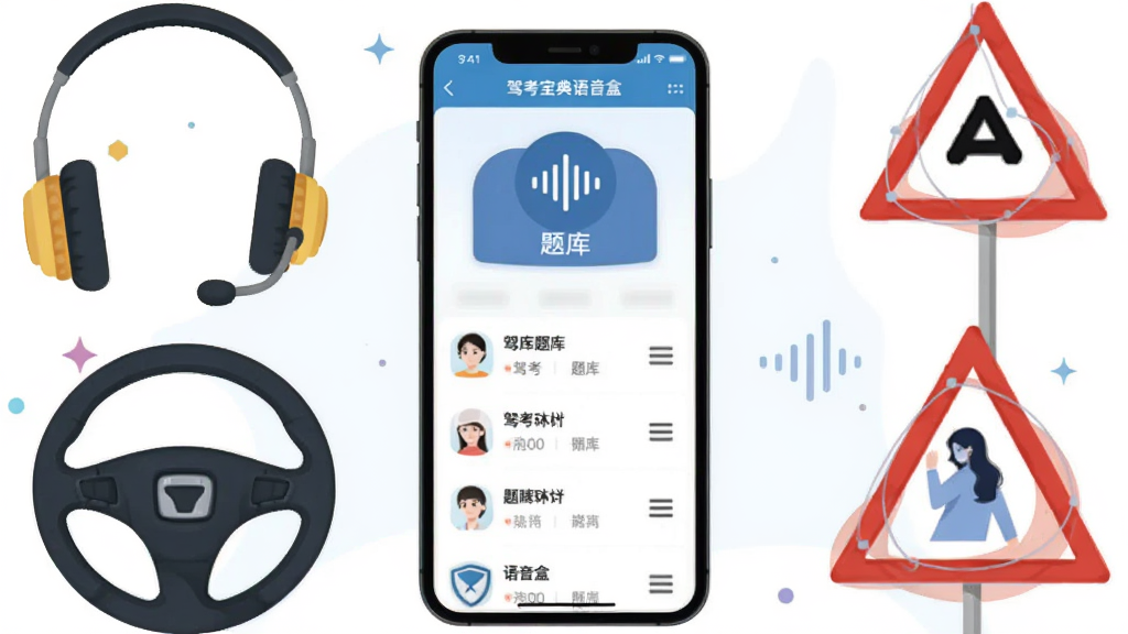 画面中央展示一部智能手机,手机屏幕上显示驾考宝典语音盒应用界面,界面中有语音播报按钮和题库列表,手机周围环绕着耳机、汽车方向盘、交通标志等元素,布局简洁明了,排版以手机为中心左右对称,风格为扁平化科技插画风,细节上突出语音波形图标和驾考相关符号,画质清晰干净,无多余元素