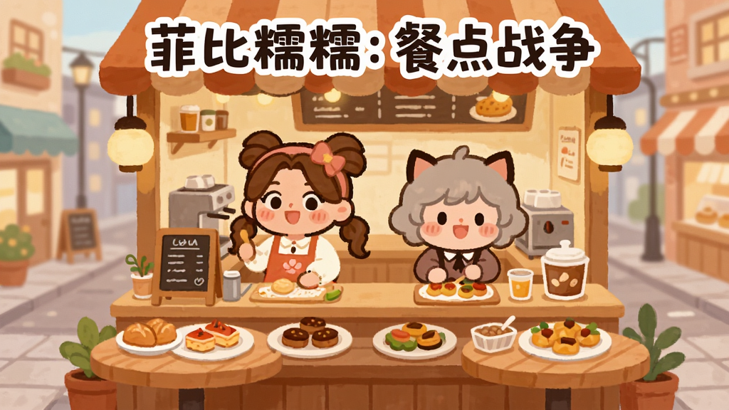 画面中央是一间温馨的餐点小店,菲比和糯糯两个可爱角色站在柜台后忙碌,桌面上摆满各式餐点,背景是柔和的暖色调街道,整体采用扁平插画风格,细节丰富,画质清晰干净,无多余元素,图片上方写有“菲比糯糯:餐点战争”字样