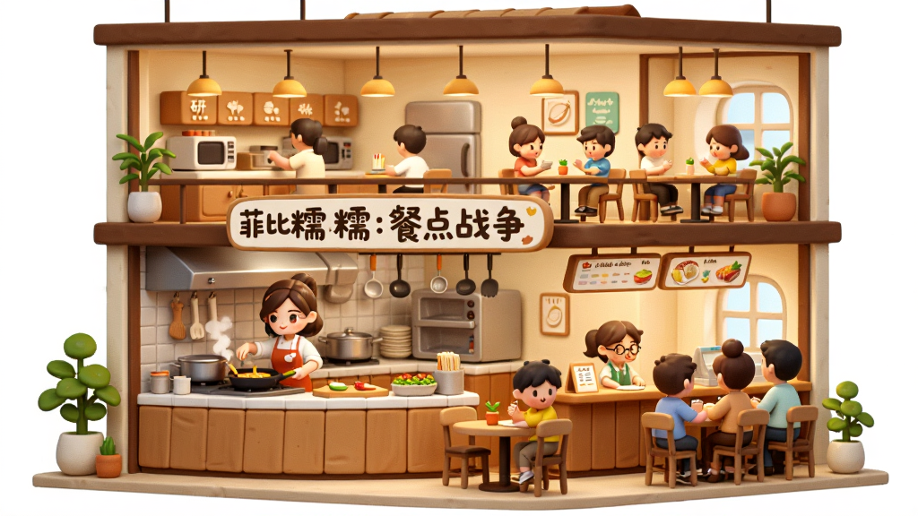 画面主体是一家两层楼的餐点店铺,一楼是开放式厨房与用餐区,二楼是研发室,菲比在厨房烹饪,糯糯在招呼客人,布局层次分明,采用明快的日系插画风格,色彩温暖,细节精致,画质高清,画面干净无杂乱元素,店铺招牌写有“菲比糯糯:餐点战争”