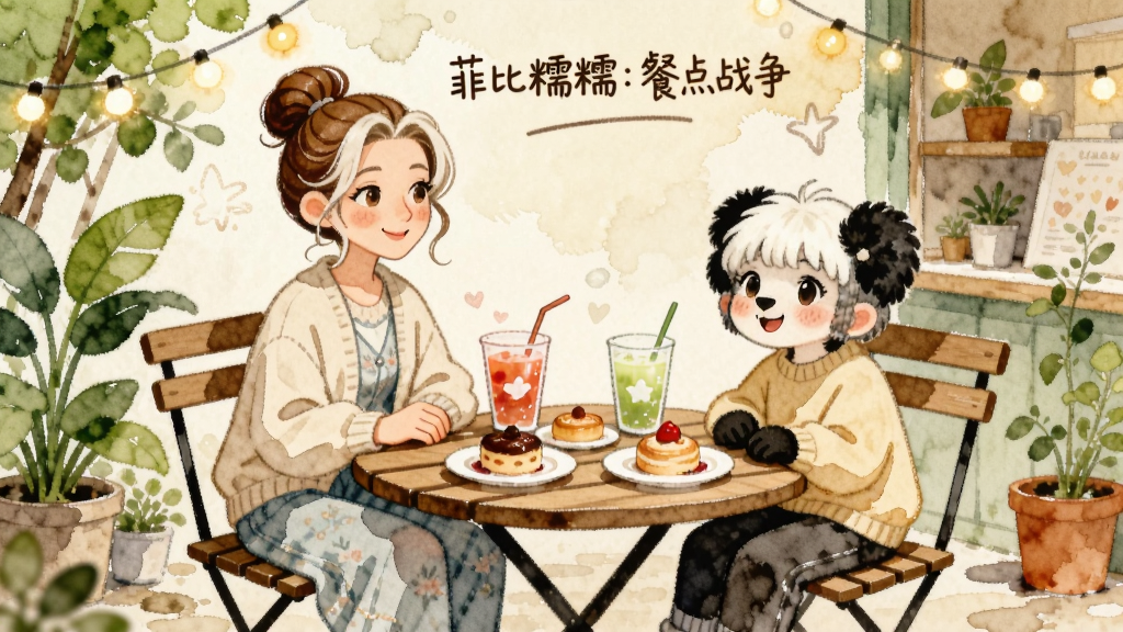 画面中菲比和糯糯坐在店铺后院的小桌旁休息,桌上放着两杯饮品和几份甜点,周围有绿植与暖色灯串,采用柔和的水彩插画风格,构图轻松自然,细节丰富,画质细腻干净,背景墙上写有“菲比糯糯:餐点战争”小字