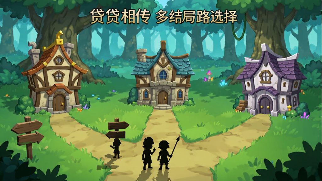 异世界:贷贷相传多结局路线选择界面,画面展示三条分岔道路分别通向不同风格的建筑,路口有指示牌和角色剪影,奇幻森林背景,卡通渲染风格,布局为横版构图,画质干净明亮