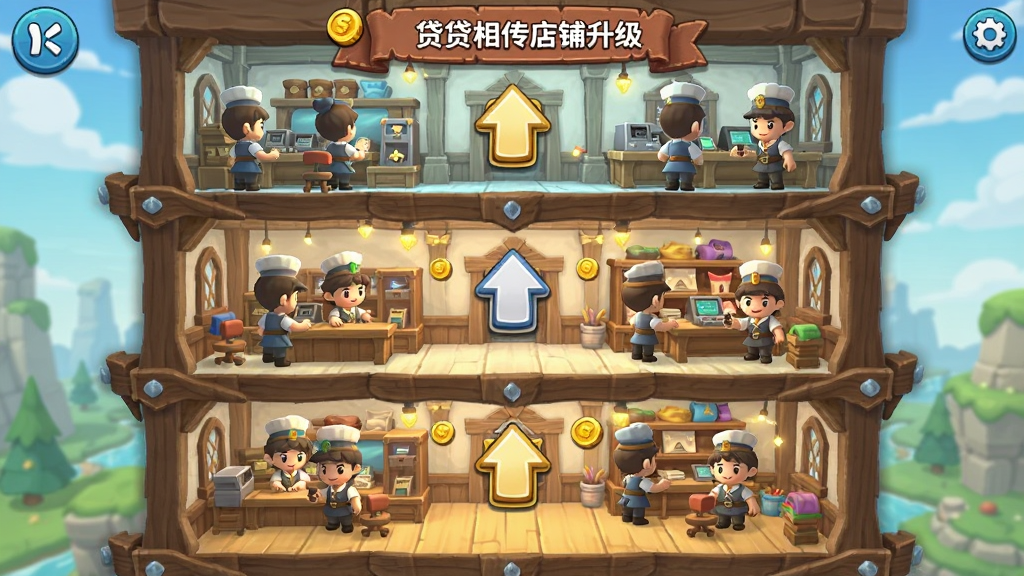异世界:贷贷相传店铺升级界面,展示多层奇幻建筑内部结构,不同楼层有员工在忙碌工作,画面中有升级箭头和金币图标,卡通渲染风格,布局为竖版手机游戏截图,画质明亮干净