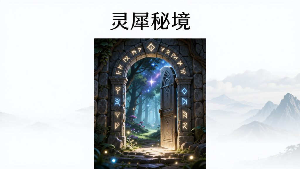 画面中央是一扇半开的发光石门,门后透出奇幻的森林与星光,整体布局为竖版构图,上方留白用于放置软件名称“灵犀秘境”,排版简洁大气,风格为奇幻写实插画,细节包括门框上的灵纹雕刻、地面散落的光点、远处若隐若现的山峦,画质高清,干净,无多余元素