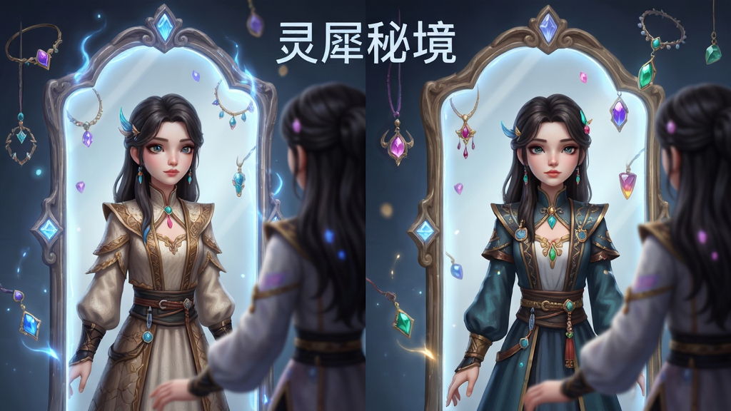 画面展示一个精致的虚拟角色站在镜面前,镜中倒影呈现不同装扮风格,布局为左右分屏对比构图,上方居中放置软件名称“灵犀秘境”,排版清爽,风格为时尚插画与奇幻元素结合,细节包括角色服饰的纹理、镜面边缘的灵光、背景中的漂浮饰品,画质高清,干净,无多余元素