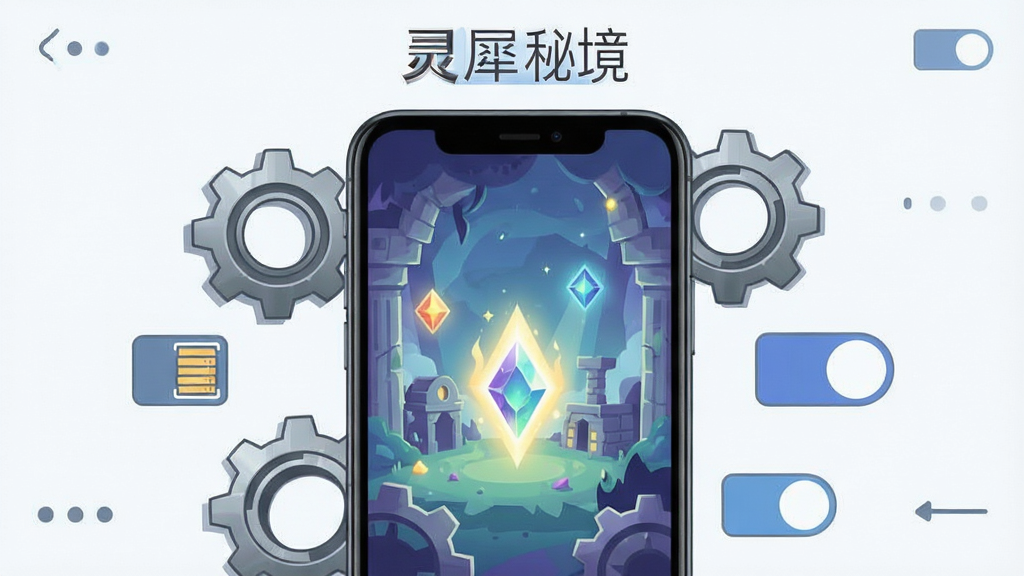 画面展示一部智能手机屏幕中呈现奇幻场景界面,手机周围环绕着齿轮、缓存图标与权限开关的抽象符号,布局为居中构图,上方放置软件名称“灵犀秘境”,排版清晰,风格为科技扁平化插画,细节包括屏幕内的光效、齿轮的金属质感、符号的简洁线条,画质高清,干净,无多余元素