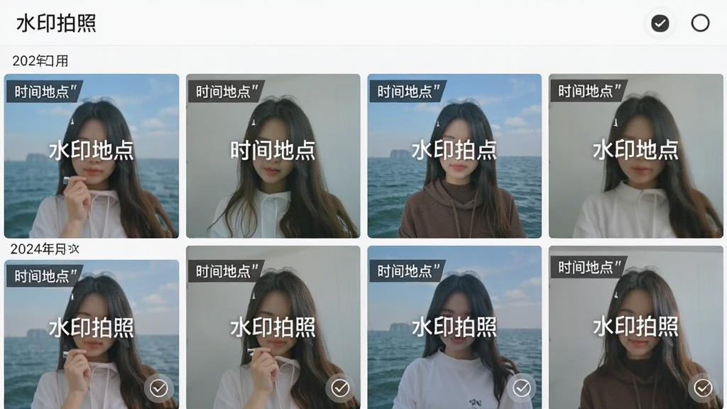手机相册界面截图风格,展示多张带有统一水印样式的照片缩略图,每张照片角落都有引号标注的“时间地点”水印条,相册顶部显示“水印拍照”文件夹名称,界面布局为四列网格,风格简洁明快,细节包括照片按日期分组、勾选状态圆圈,画质清晰,画面干净无多余元素