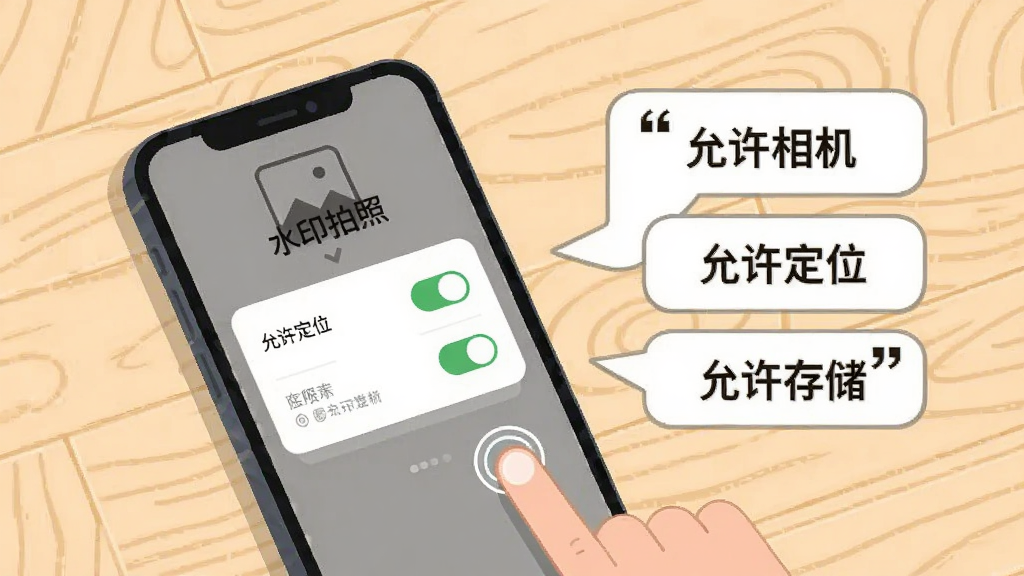 一部手机放置在桌面上,屏幕显示“水印拍照”的权限设置引导页面,旁边配有文字气泡说明引号标注的“允许相机”“允许定位”“允许存储”三项权限,桌面背景为浅色木纹,构图以手机和气泡为主体,风格扁平插画风,细节包括权限开关图标、手指点击示意,画质清晰,画面干净