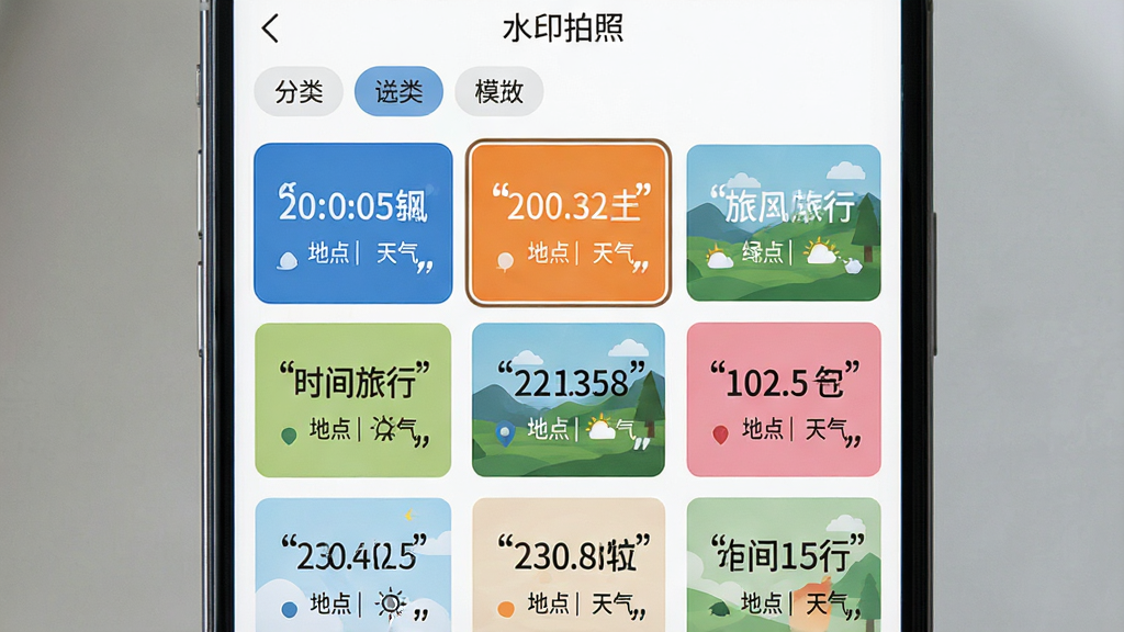 手机屏幕显示“水印拍照”的模板选择页面,网格状排列着多张水印样式缩略图,包括蓝色商务风、橙色打卡风、绿色旅行风等不同配色,每张缩略图上都带有引号标注的“时间”“地点”“天气”字样,页面顶部有分类标签栏,整体风格清新规整,布局为三列网格,细节包括选中状态的描边高亮,画质清晰,画面干净