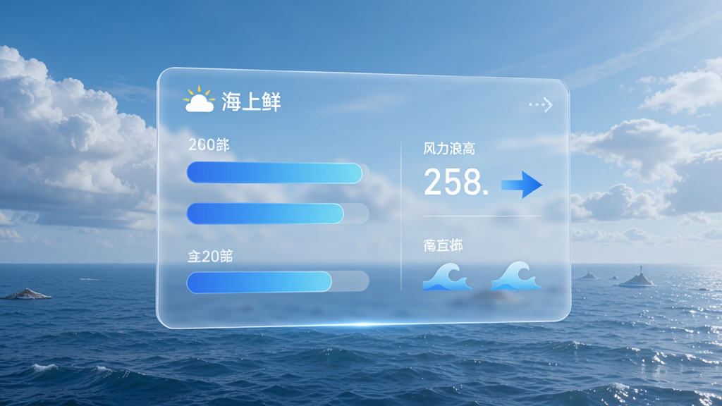 画面主体为一块悬浮在半空中的半透明天气数据面板,面板上显示
