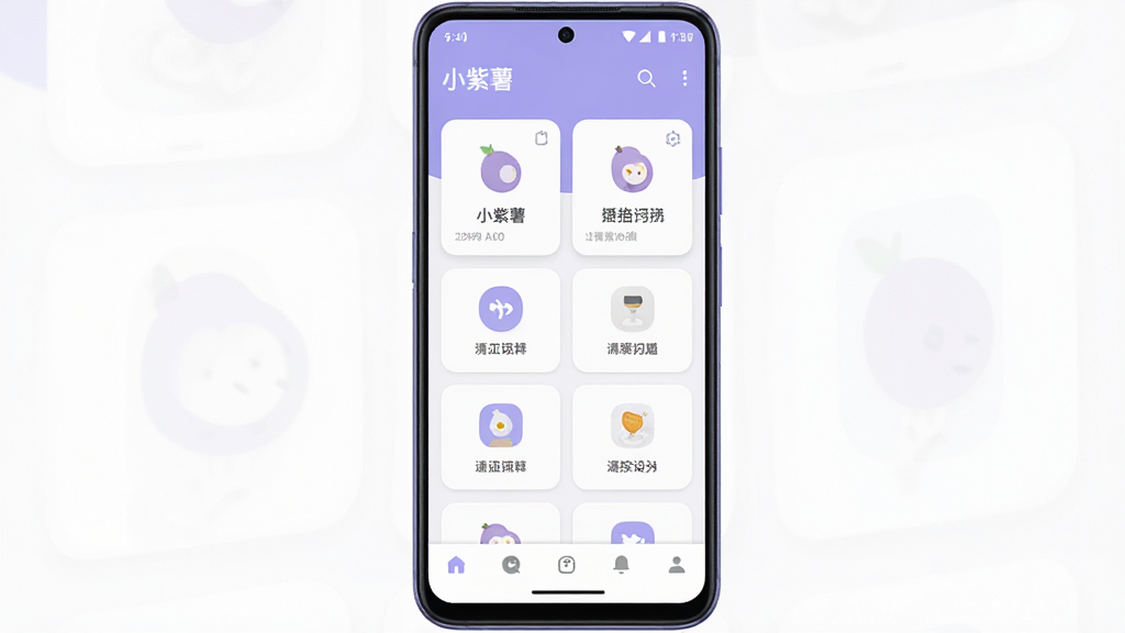 一张展示安卓手机界面的产品全貌图,画面中央是一部竖屏智能手机,屏幕内呈现“小紫薯”应用的主界面,包含顶部标题栏、功能卡片网格和底部导航栏,布局居中对称,风格为简洁清新的浅紫色调扁平化设计,细节包括圆角图标、柔和阴影和留白间距,画质高清,画面干净,无多余元素