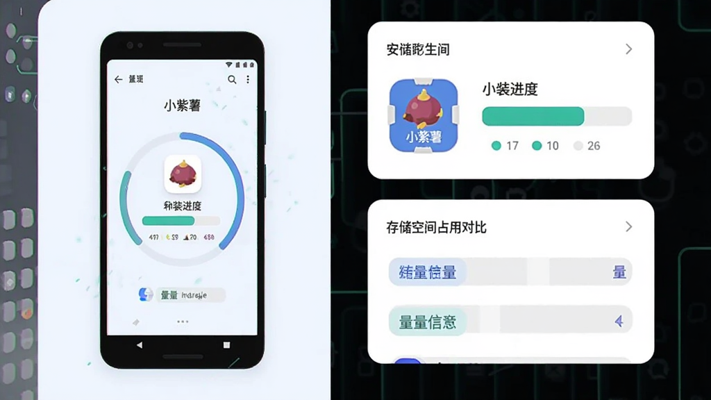 一部安卓手机屏幕显示“小紫薯”应用安装进度条与存储空间占用对比示意图,主体为手机与进度环,布局为左右分栏,左侧手机右侧数据卡片,风格为科技感浅色扁平插画,细节包含安装包图标、存储条和轻量标签,画质清晰,画面干净,无多余元素