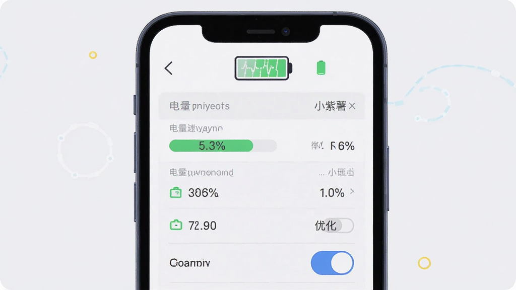 一张展示“小紫薯”后台运行管理界面的示意图,主体为手机与电池电量图标,布局为居中构图,风格为清新科技扁平插画,细节包含后台进程列表、电量百分比和优化开关,画质高清,画面干净,无多余元素