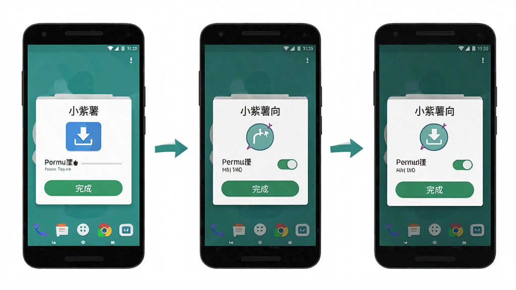 一张安卓手机安装“小紫薯”应用的步骤示意图,主体为手机屏幕与安装向导弹窗,布局为三步流程横向排列,风格为清新扁平教程插画,细节包含下载图标、权限开关和完成按钮,画质高清,画面干净,无多余元素