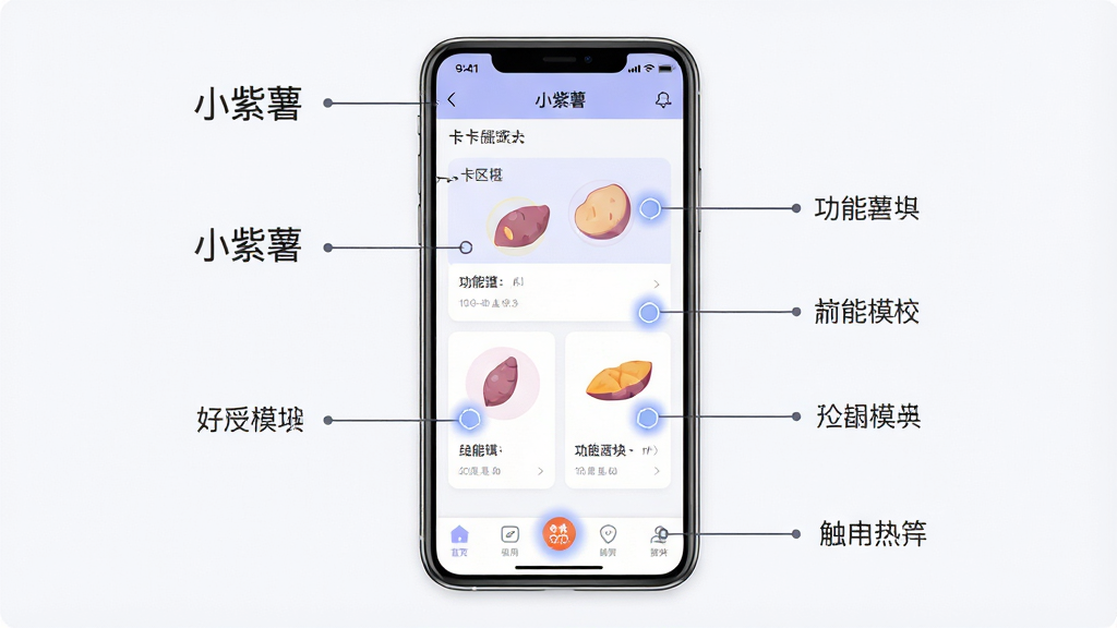 一张“小紫薯”应用界面布局分解图,主体为手机屏幕与功能模块标注,布局为居中展示并向外引出说明线,风格为清爽浅色UI示意图,细节包含顶部栏、卡片区、底部导航和触控热区标注,画质高清,画面干净,无多余元素