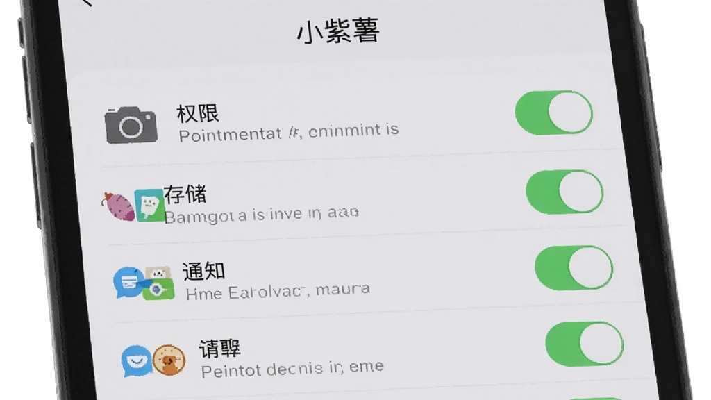 一部手机屏幕显示“小紫薯”权限管理页面,主体为权限列表与开关按钮,布局为上下排列的清单式结构,风格为简约浅灰配色扁平设计,细节包含相机、存储、通知等权限条目与说明文字,画质清晰,画面干净,无多余元素